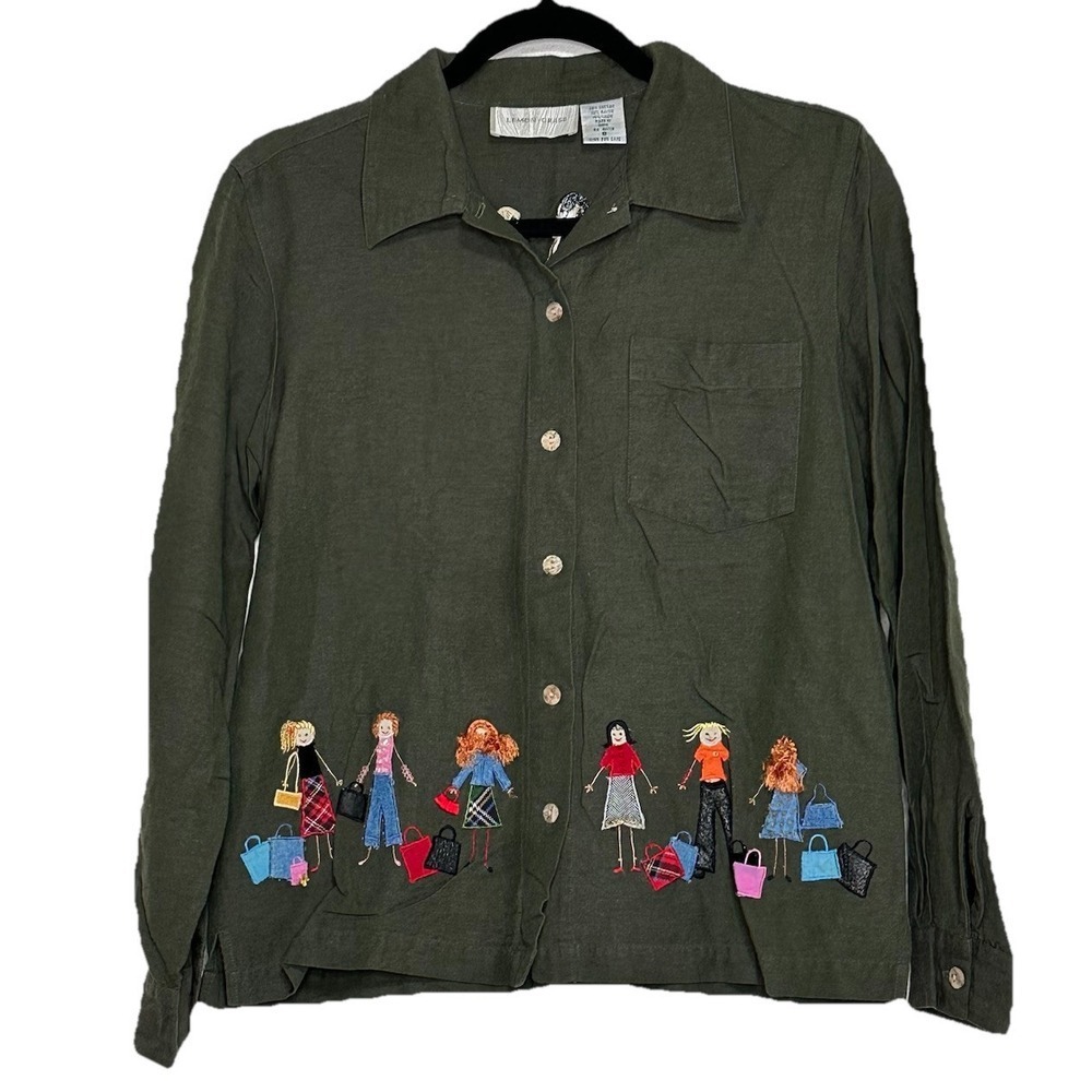 Lemon Grass Button Up Shirt S Olive Green Embroidered Shopping Girls Linen Blend